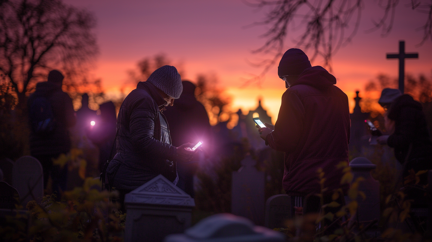 A peaceful cemetery at dusk with glowing smartphone screens illuminating diverse visitors, their fingers hovering over devices while walking between headstones under a purple-orange sky.