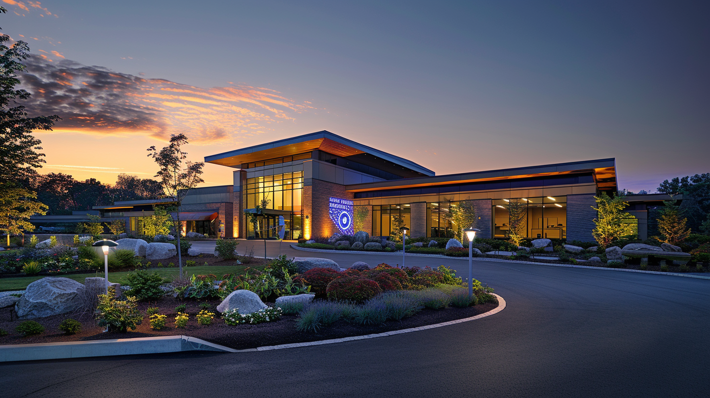 A serene modern funeral home facade at sunset, illuminated by soft blue light, with holographic displays showing digital interfaces, surrounded by peaceful gardens and connected devices seamlessly integrated into the architecture.