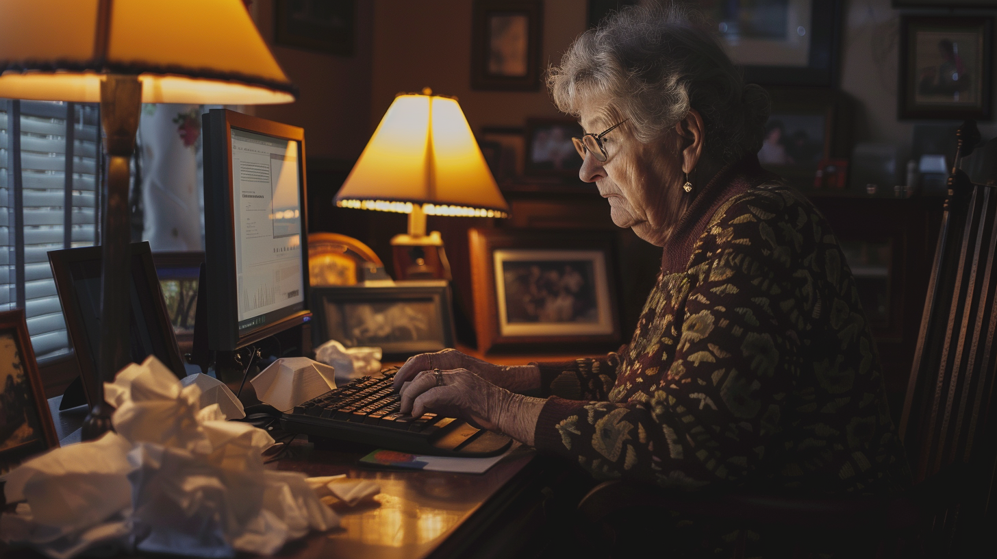 A somber elderly woman sitting at a dimly lit desk, using a computer with warm lamplight, surrounded by tissue boxes and framed family photos, her expression reflecting grief and determination.